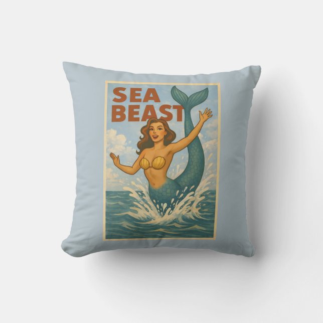 Coussin Sea Beast Retro Mermaid | Funny Coastal Beach Blue (Recto)