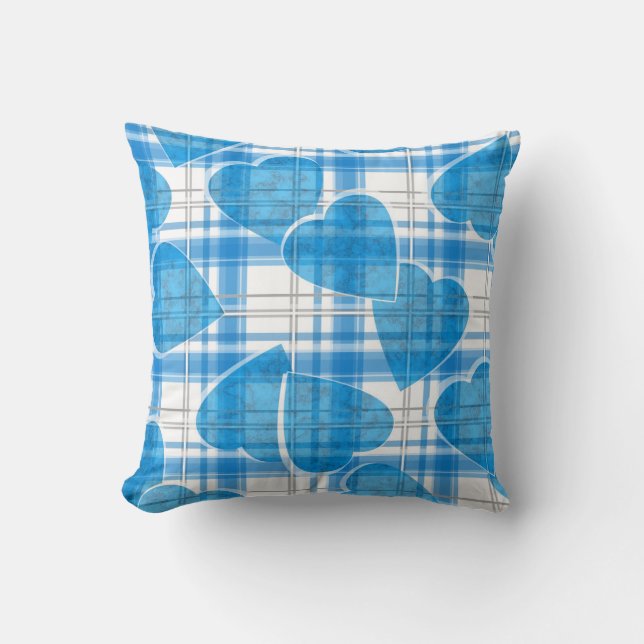 Coussin Seamless Valentines Day blue hearts checkered plai (Recto)