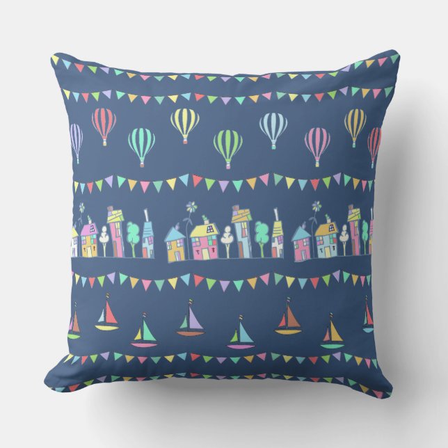 Coussin Seaside Town Sail Boats and Bunting Pattern Blue (Recto)