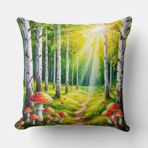Coussin Sentier forestier serein avec des bouleaux ensolei