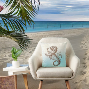 Coussin Sepia Merlion sur bleu avec écriture manuscrite
