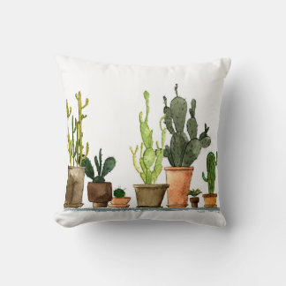 Coussin Sept cactus d'aquarelle vert dessinés à la main en
