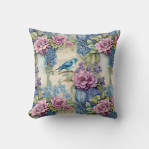 Coussin Sérénade vintage d'oiseaux et de fleurs bleus