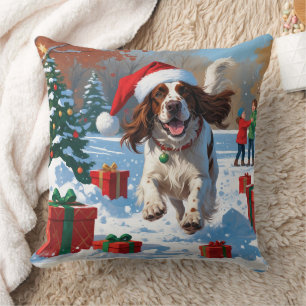 Coussin Setter Anglais Courant dans la Neige avec Chapeau 