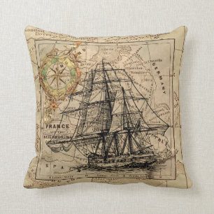 Coussin Shabby Chic Carte Vintage Navire Nautique 