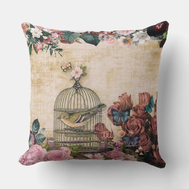 Coussin Shabby chic, collage vintage, oiseaux, papillons,  (Recto)