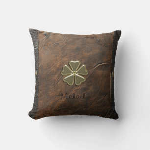 Coussin Shamrock d'or St.Patrick`s Day, Cuir Brown