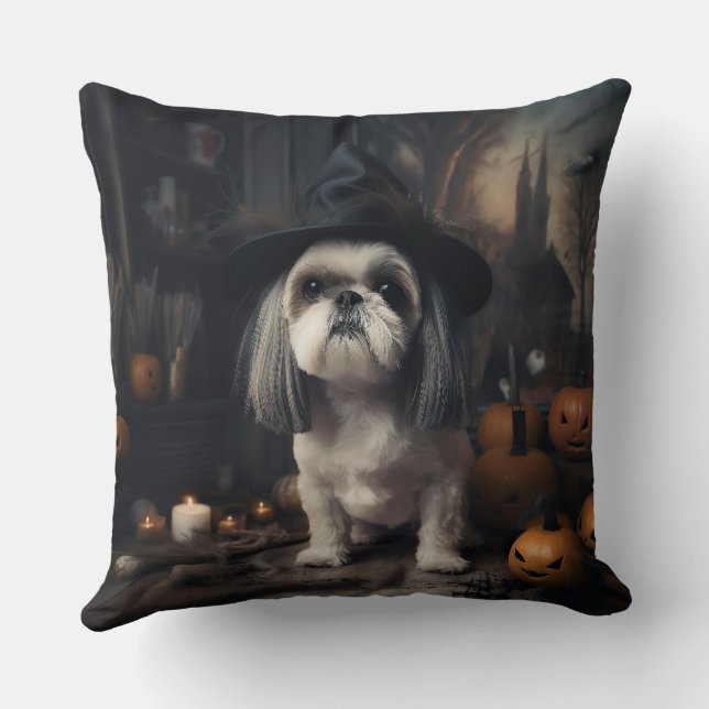 Coussin Shih Tzu Citrouilles Halloween effrayant (Verso)