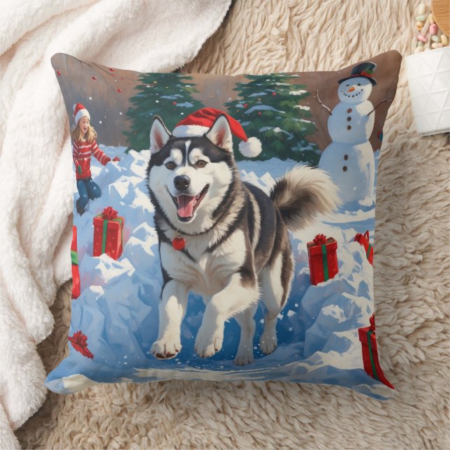 Coussin Sibérie Husky Courir en neige avec Casquette de No (Couverture)