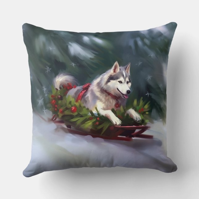 Coussin Sibérien Husky neige de Noël hiver (Verso)
