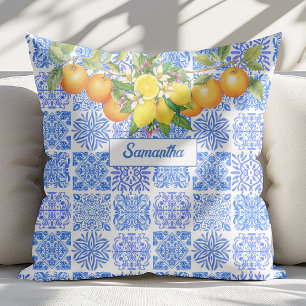 Coussin Sicilien bleu jaune citrus Méditerranée azulejo