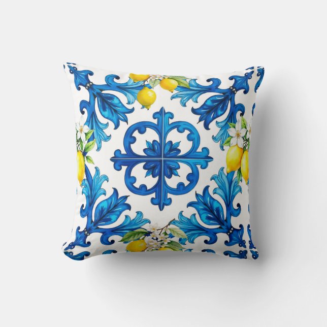 Coussin sicilien, été, citron, mosaïque, bleu (Recto)