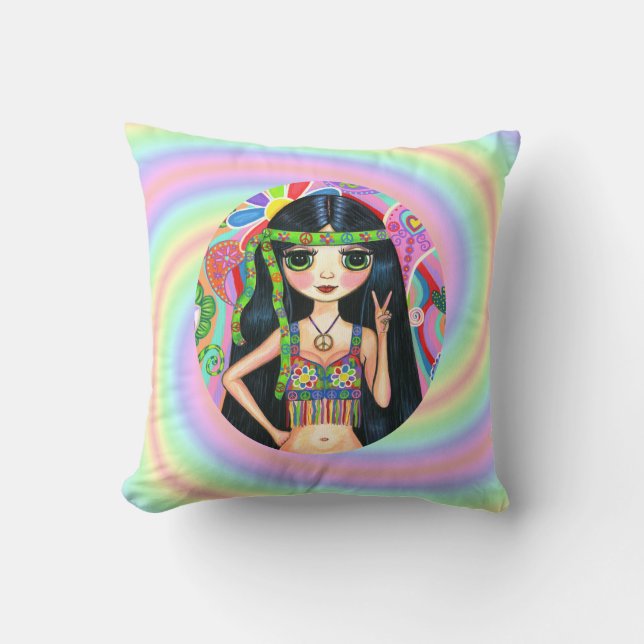 Coussin signe de paix de clignotant de fille hippie des (Recto)