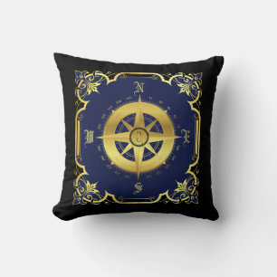 Coussin Silhouette de boussole marine/or/marine/noir
