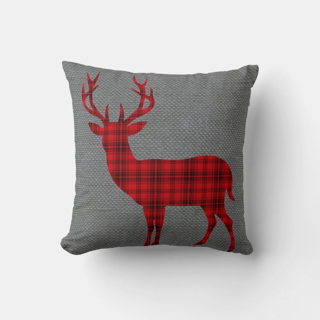 Coussin Silhouette de cerfs communs de plaid sur le rouge (Recto)