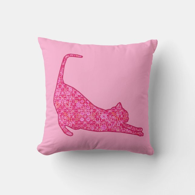Coussin Silhouette de chat qui s'étire en batik rose fuchs (Recto)