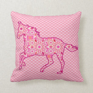 Coussin Silhouette de cheval, fuchsia et rose courants de