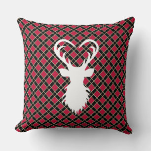 Coussin Silhouette de renne sur carreaux noirs et rouges