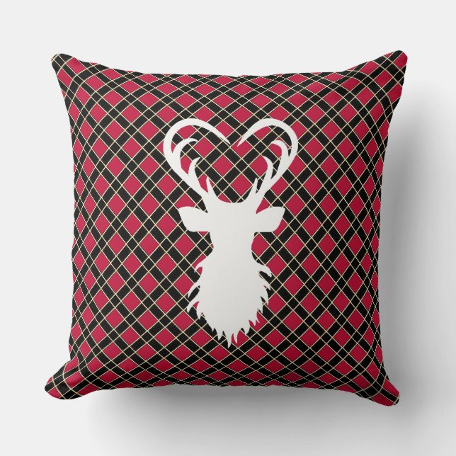 Coussin Silhouette de rennes sur à damiers noir et rouge (Recto)