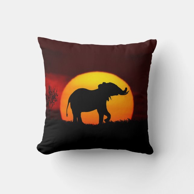 Coussin Silhouette d'éléphant sauvage & lever de soleil su (Recto)