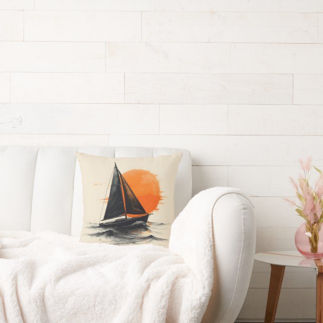 Coussin Silhouette Sketch De Voilier Avec Soleil Orange (Canapé)