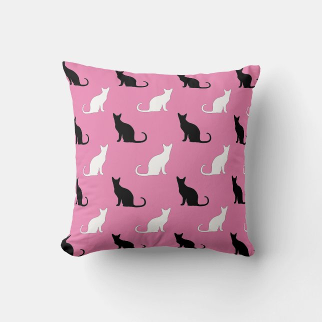 Coussin Silhouettes De Chats Noirs Et Blancs Sur Rose (Recto)