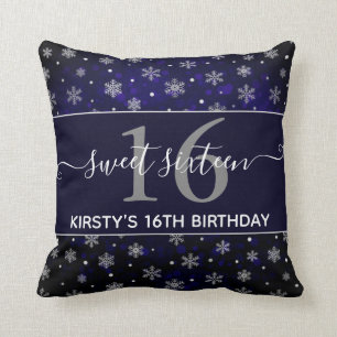 Coussin Silver Foil Snowflakes & blue bokeh Sweet 16