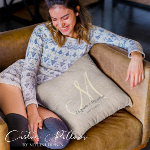 Coussin Simple Burlap Beige Rustique Monogramme