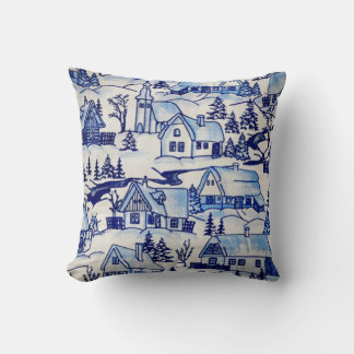 Coussin Simple Elégant Bleu Blanc Ville de Noël