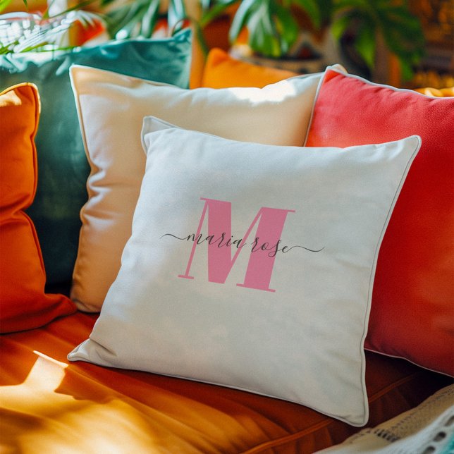 Coussin Simple Monogramme rose bleu personnalisé (Simple blue and pink monogrammed pillow)