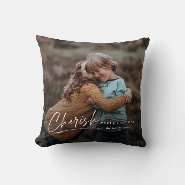 Coussin Simple Script Cherish Chaque Moment Photo (Recto)