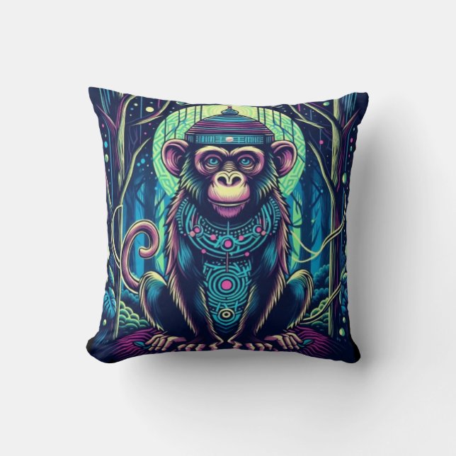 Coussin Singe Mystique dans la Forêt Enchantée (Recto)