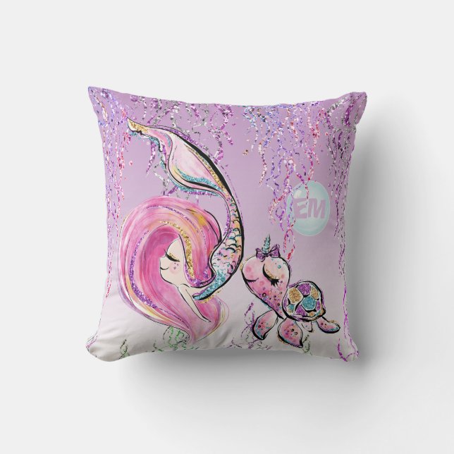 Coussin Sirène et tortue de mer et amis, Ajouter les initi (Recto)