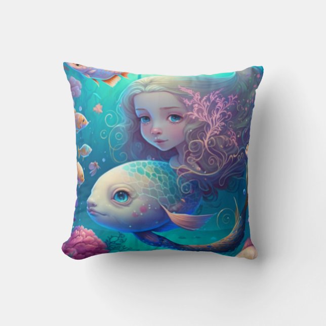 Coussin Sirène nager avec le poisson mignon pilon jetez (Recto)