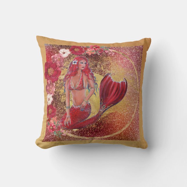 Coussin Sirène rouge "Vivian" sous-marin poisson tropical (Recto)