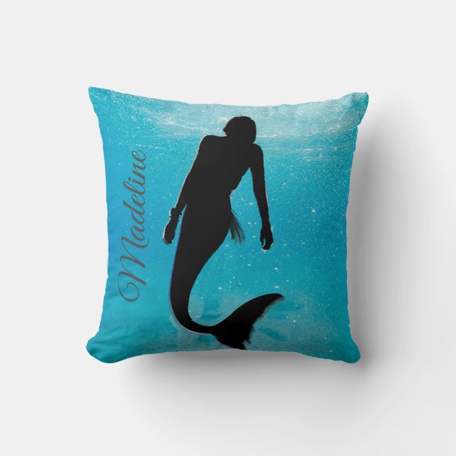 Coussin Sirène Silhouette Bleu Océan Été Moderne (Recto)