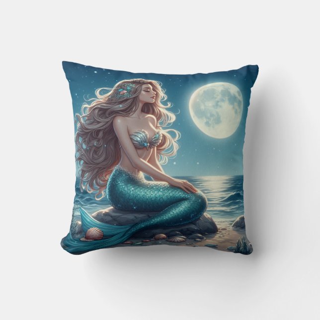 Coussin Sirène sur la plage la nuit (Recto)