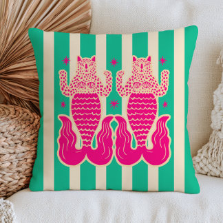 Coussin Sirènes Léopard Rose sur Thème Marin à Rayures Ver