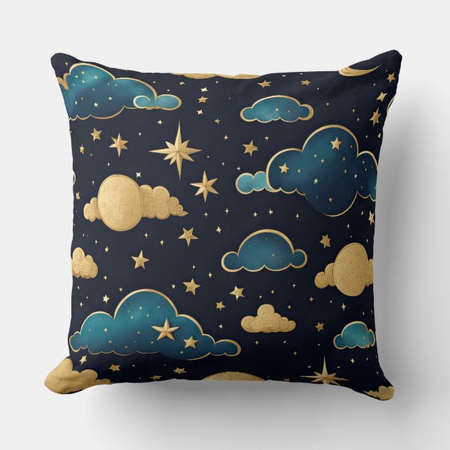 COUSSIN SKI DE NUIT AVEC NUAGES ET ÉTOILES BLEU & OR (Recto)