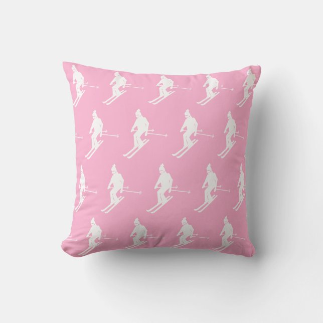 Coussin Skieurs géométriques rétros Hiver Rose Blanc (Recto)