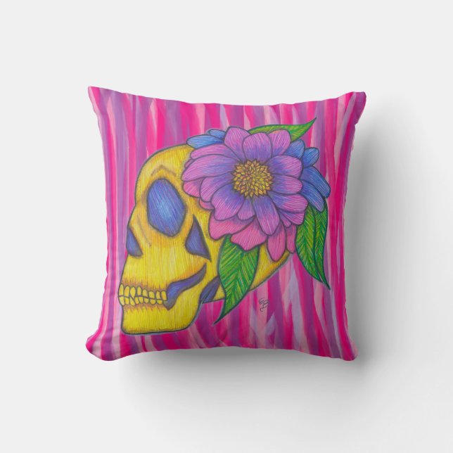 Coussin Skull Print Pillow With Yellow Pink Purple  (Recto)