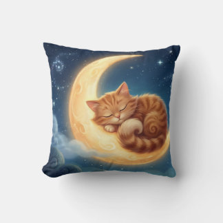 Coussin Sleeping Cat on Moon Nursery Throw Pillow
