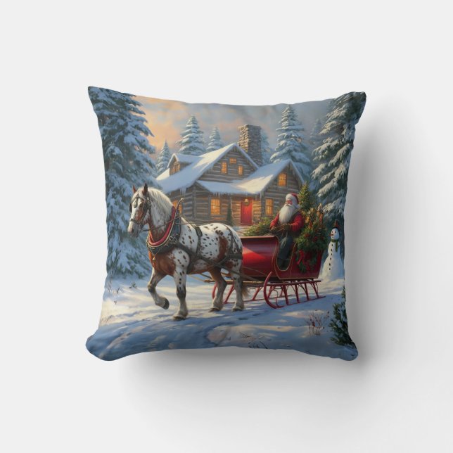 Coussin Sleigh Père Noël à cheval de Noël (Recto)