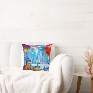 Coussin SlipperyJoe NYC graffiti lune entourée de tourbill