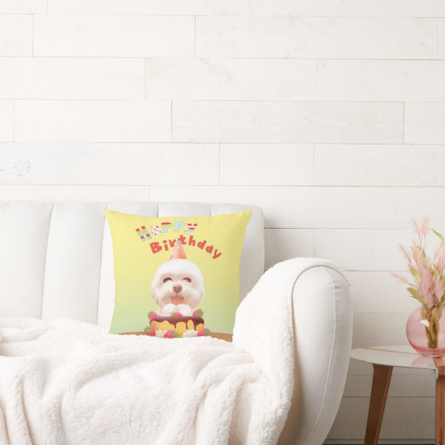 Coussin Smile Pup: Happy Birthday Bichon & Cake Art (Canapé)