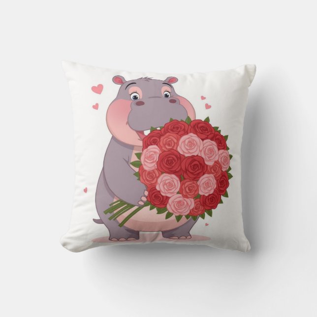 Coussin Smiling cartoon hippo holding a huge bouquet  (Recto)