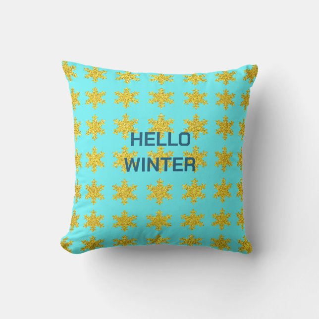 Coussin Snowflake Motif hiver Typographie Or Bleu (Recto)