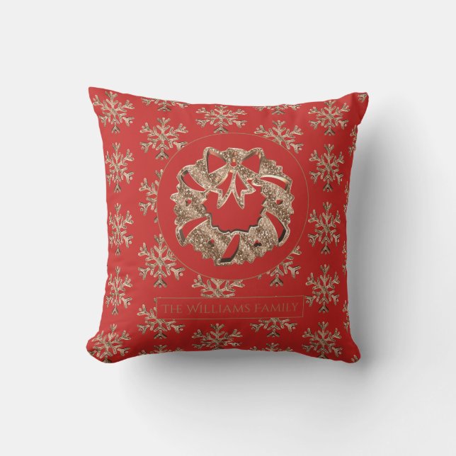 Coussin Snowflakes Christmas Wreath Elegant Rouge et Or (Recto)