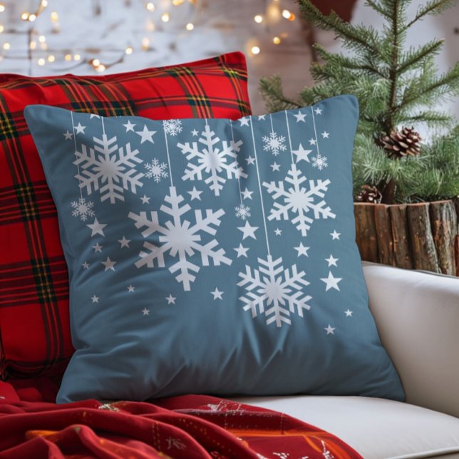 Coussin Snowflakes et Stars Coussin, Bleu (Blue Snowflakes and Stars Christmas Throw Pillow)