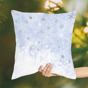 Coussin Snowflakes Faux Metal sur Baby Blue Pastel Elegant